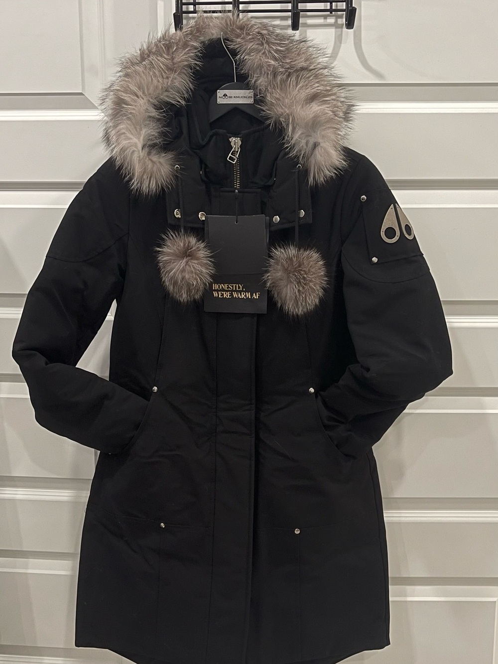 Moose Knuckles Black Parka with Gray Faux Fur Trim